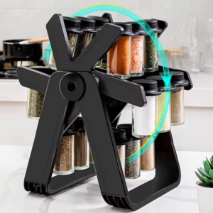 360° Rotating Spice Rack Organizer – Kitchen Storage Stand with Glass Seasoning Jars & Bottle Holder
