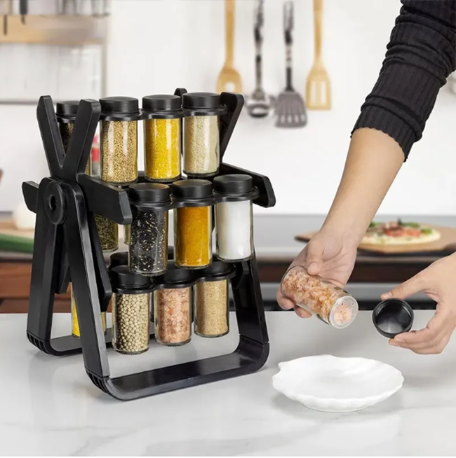 360° Rotating Spice Rack Organizer – Kitchen Storage Stand with Glass Seasoning Jars & Bottle Holder - Image 5