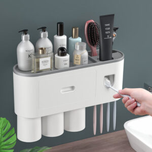 Wall Mounted Toothbrush Holder with Toothpaste Dispenser – Waterproof Punch-Free Bathroom Organizer