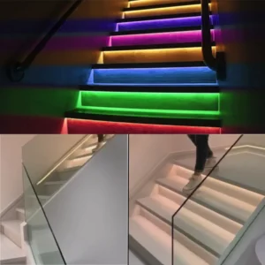 Smart Motion Sensor LED Stair Light Kit – 12V RGB Chasing Wall Lights with Warm White 3000K Recessed Aluminum Design