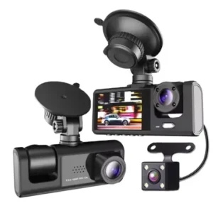 3 Lens HD 1080P dash cam with front, interior & rear cameras. Features WiFi, night vision, and loop recording for complete driving security.